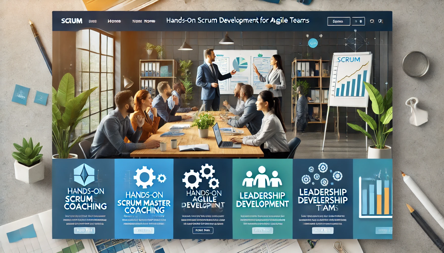 DALL·E 2025-01-05 00.54.54 - A professional and dynamic website banner for Scrum Master and Agile Leadership Coaching. The design includes a modern office setting with a diverse t