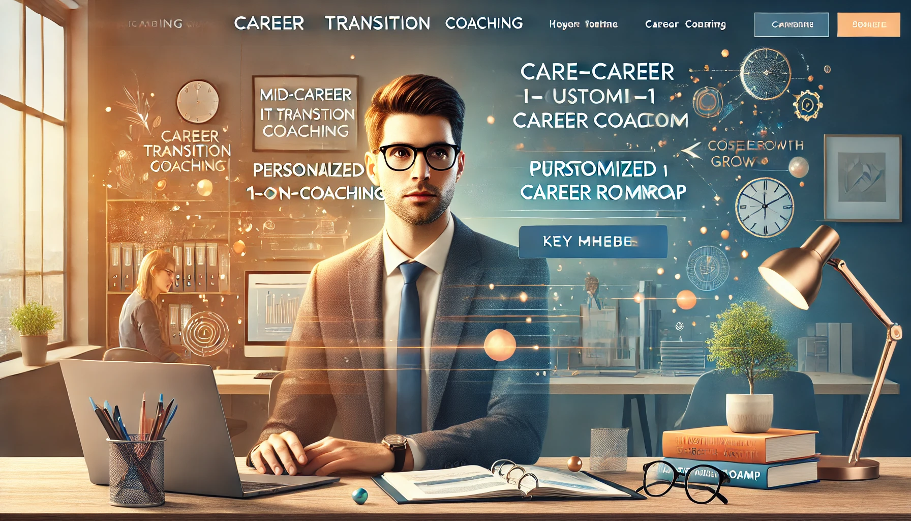 DALL·E 2025-01-05 00.57.39 - A professional and inspiring website banner for Career Transition Coaching, featuring a mid-career IT professional in a modern workspace looking confi