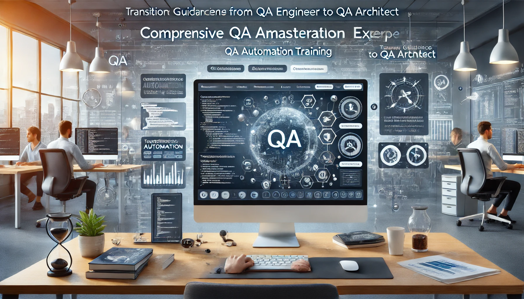 DALL·E 2025-01-05 00.58.41 - A sleek and professional website banner for QA Mastery & Automation Expertise, featuring a QA professional working with automation tools like Selenium