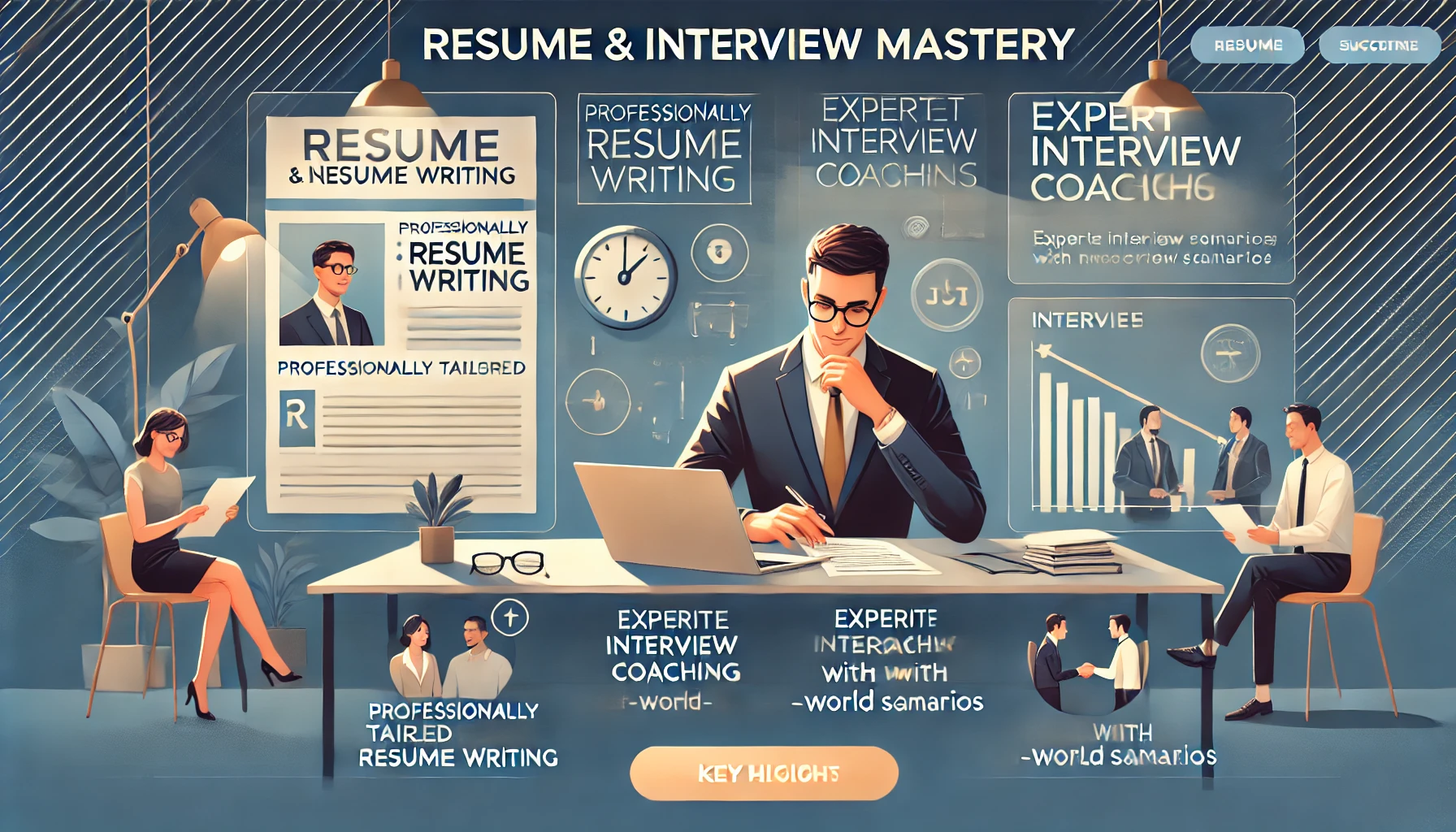 DALL·E 2025-01-05 01.00.36 - A polished and professional website banner for Resume & Interview Mastery, featuring a job seeker working on a resume on a laptop in a modern workspac