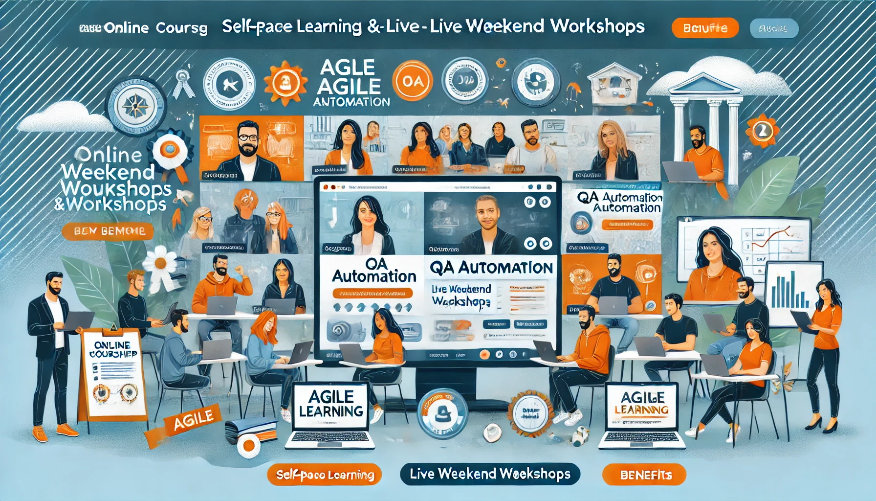 DALL·E 2025-01-05 01.03.47 - A vibrant and engaging website banner for Online Courses & Workshops, featuring a diverse group of professionals participating in an online workshop v